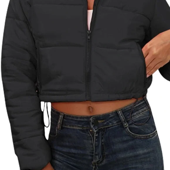 Black Cropped Puffer Jacket with High Collar and Quilted Design - Picture 3 of 8